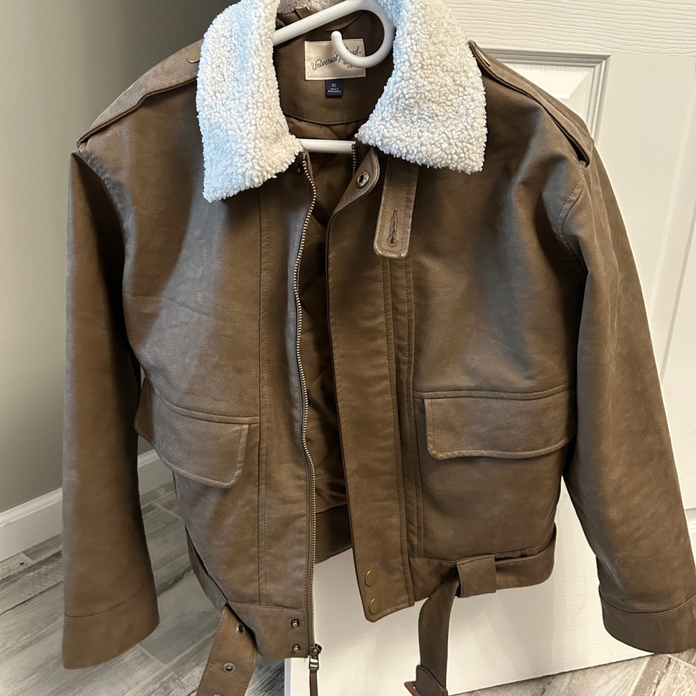 Brown Faux Leather Jacket with Shearling Collar